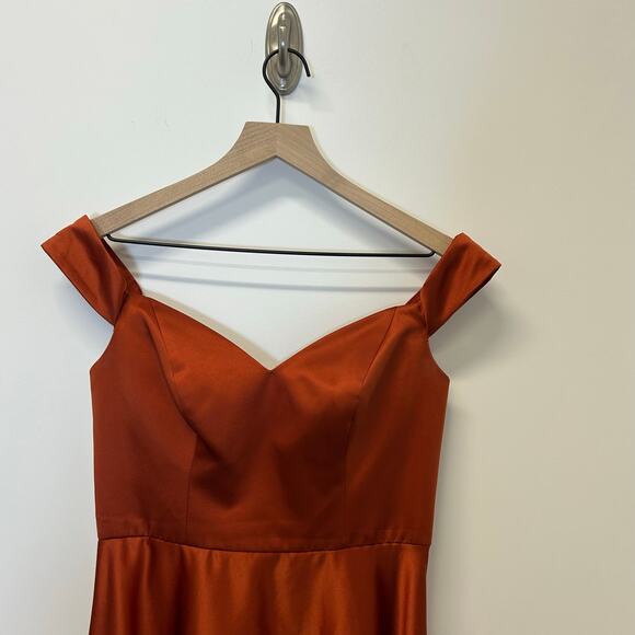 David's Bridal Celebrate Studio Off-Shoulder Satin A-Line Dress Burned Orange 6 - Picture 9 of 12
